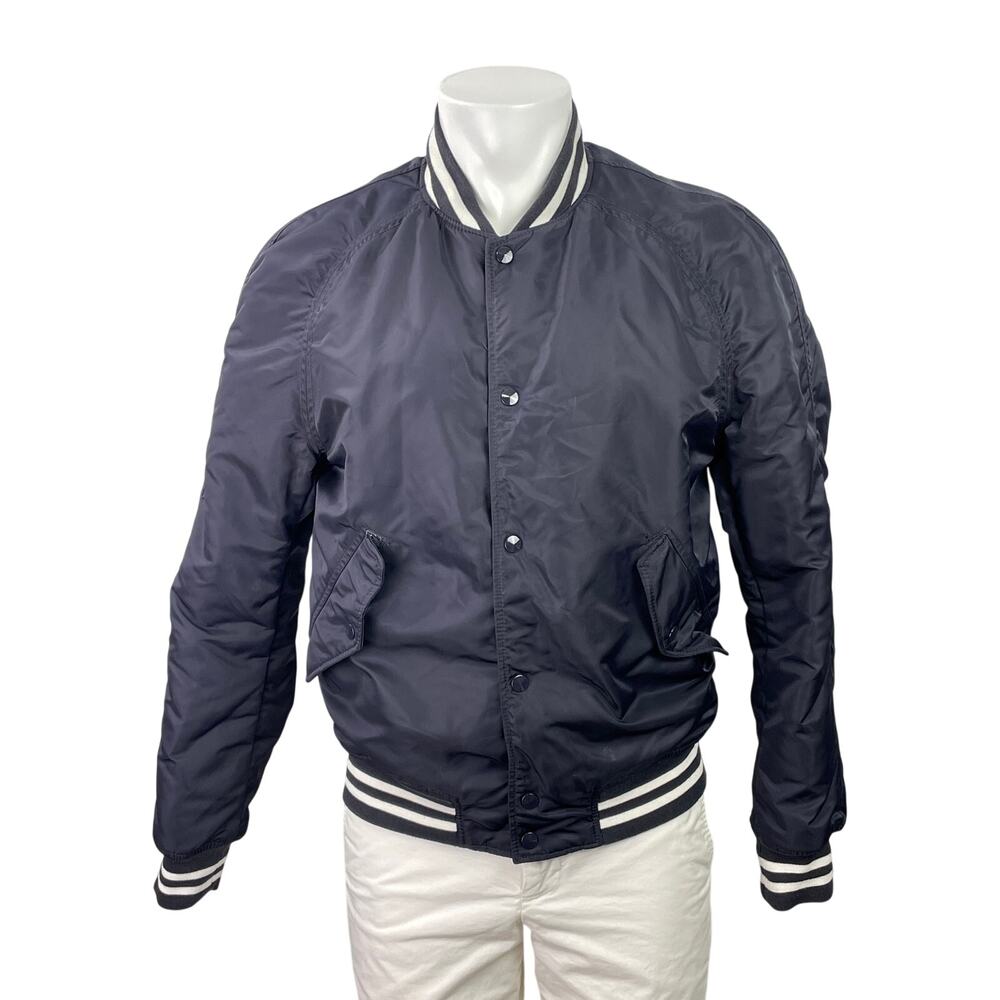 H&M Men's Black Long Sleeve Striped Trim Button Up Bomber Coat Jacket Size 38R